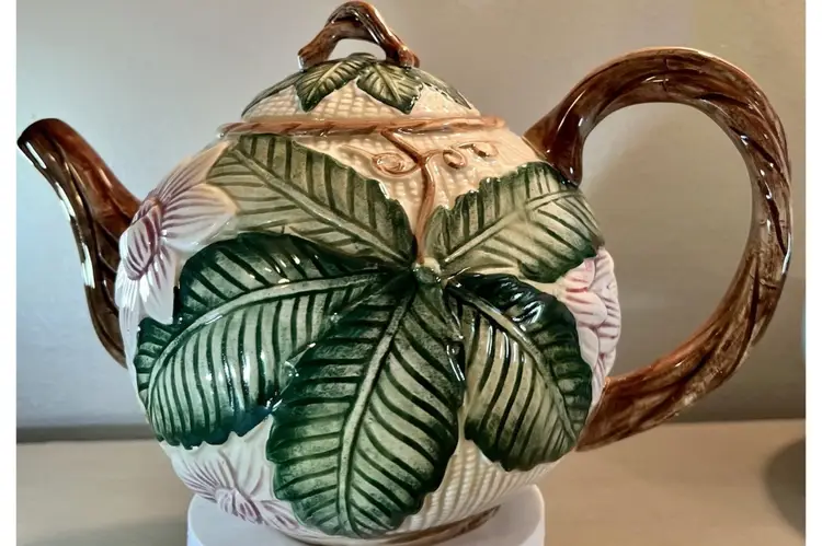 Vintage 1989 Fitz & Floyd Hibiscus Teapot Coffee Pot, By Fitz & Floyd, Made in Korea