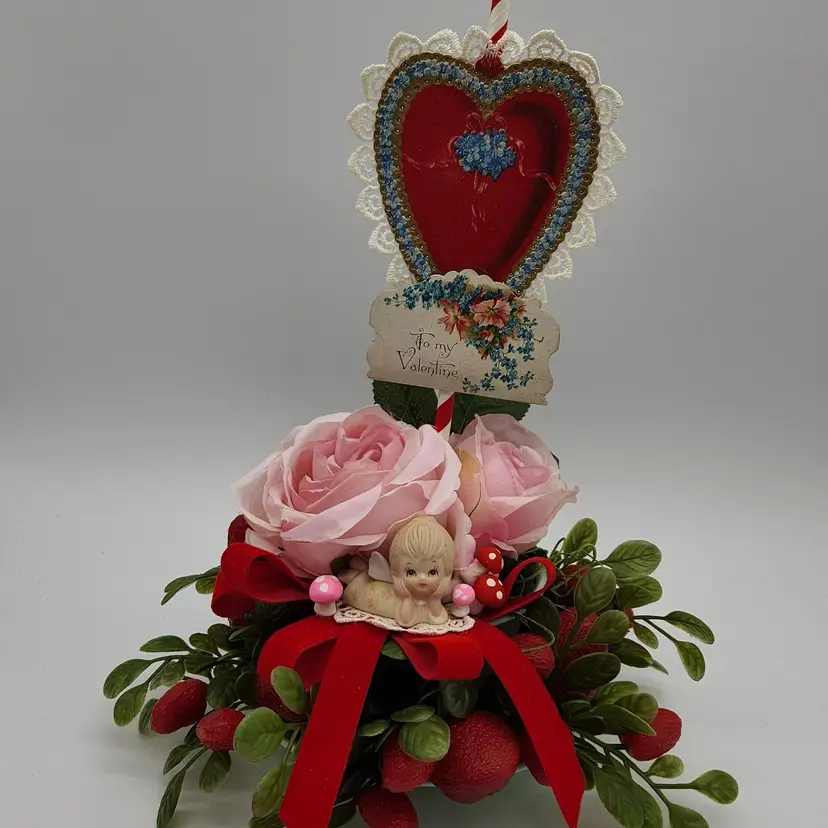 Valentine's Day Assemblage Vintage Heart Card Cherub Strawberry Candle Ring & Roses in LuRay Cup & Saucer