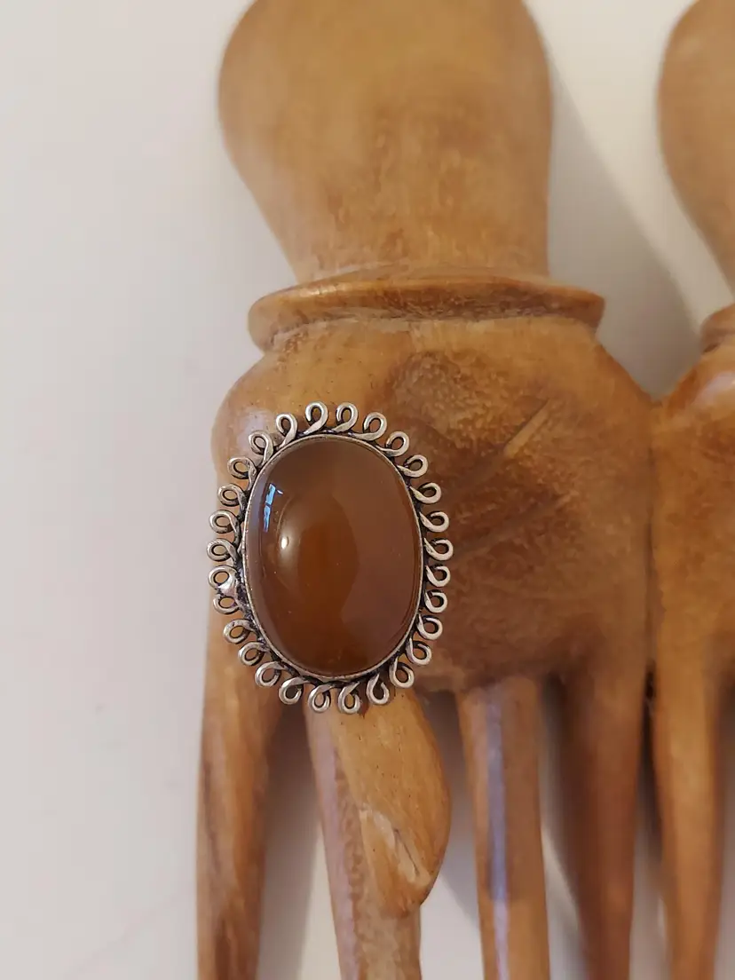Sterling Silver 925 Caramel Colored Polished Stone Ring Size 8