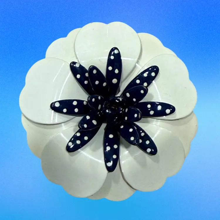 Vintage MCM White & Navy Polka Dot Enamel Flower Brooch, 2.5”