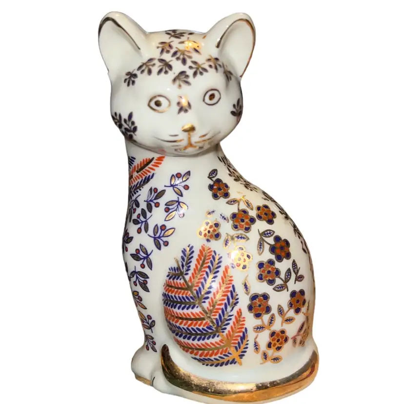 Vintage Japanese Porcelain Cat Figurine 5.5" Tall Imari Neko Painted Gold & More