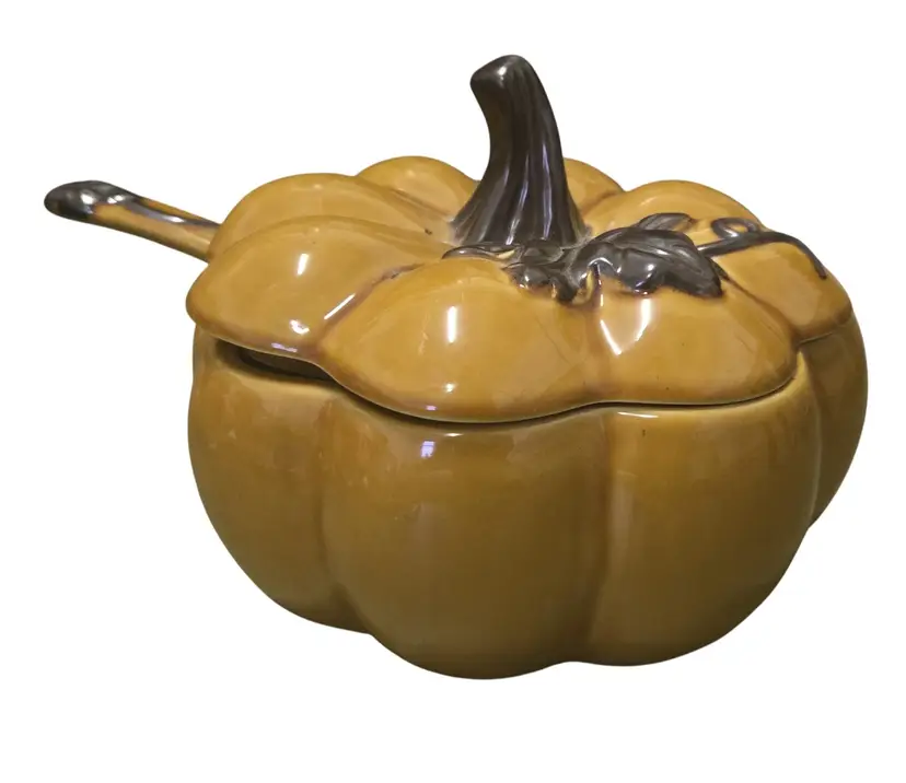 Pumpkin Soup Bowl Tureen w/ Ladle Autumn Holiday Stoneware Home Fall Harvest