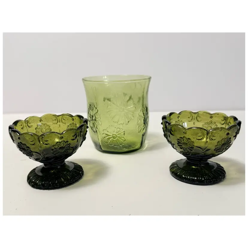 Vintage Avocado Daisy Designs Drinking Glass & 2 Egg Cups