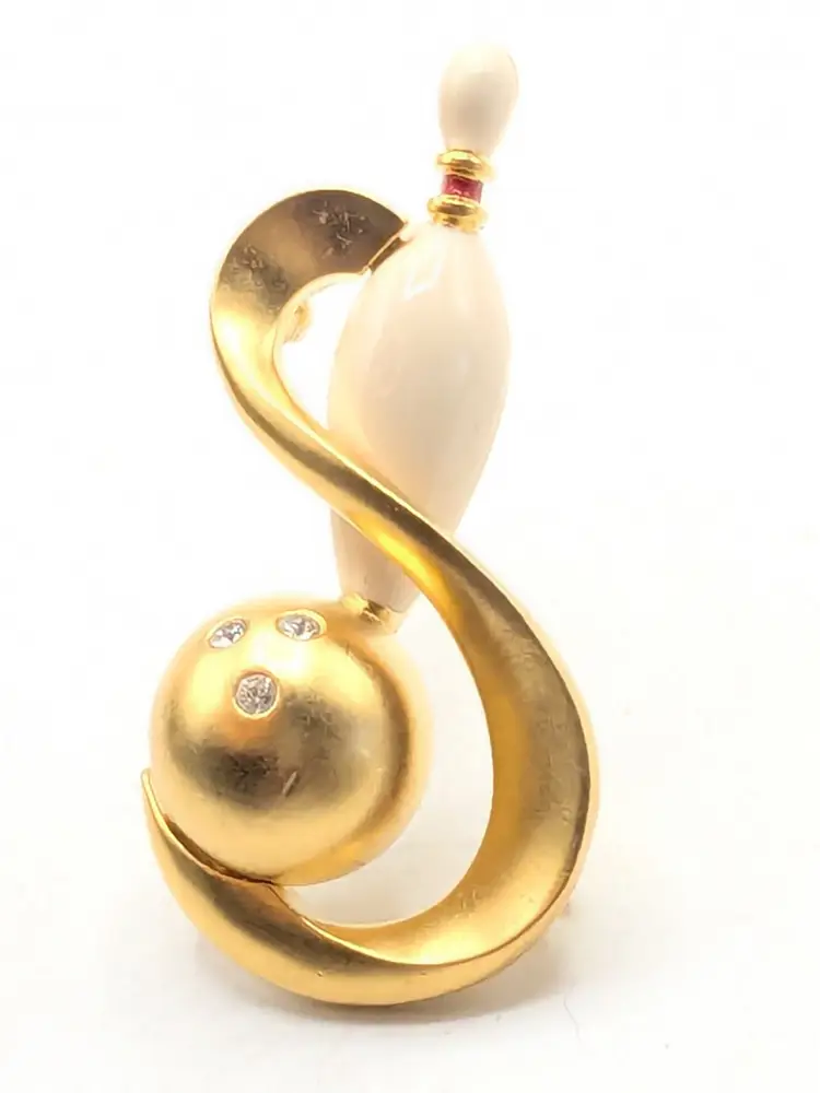 Vintage Gold Tone Bowling Pin Ball Brooch Rhinestones Enameled Jewelry