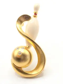 Vintage Gold Tone Bowling Pin Ball Brooch Rhinestones Enameled Jewelry