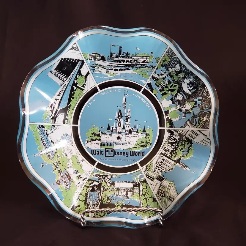 Glass Walt Disney World Magic Kingdom Souvenir Blue Candy Dish Ruffled 7.5" Diameter