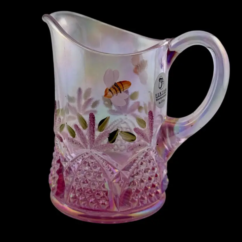 Fenton Creamer Rose Button Iridized Pink Hand Painted Flowers Bees Signed 4 x 4 1/4"
