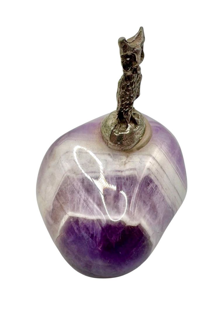 Vintage Pewter Silver Tone Owl Bird on Amethyst Stone Figurine Purple Metal 1.5”