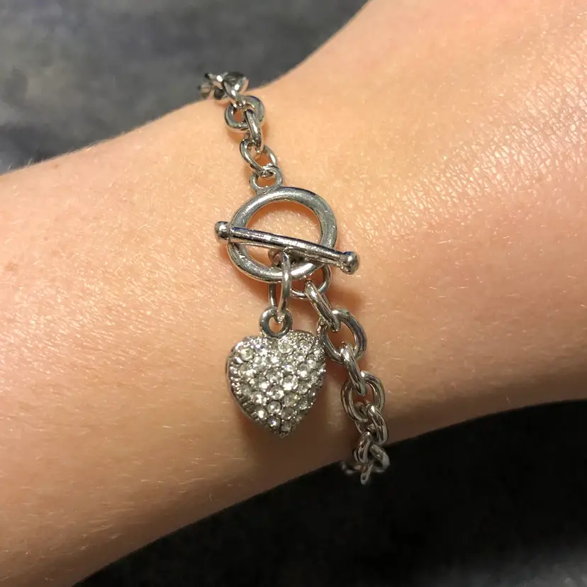 Silver-Tone Heart Charm Toggle Rhinestone Bracelet