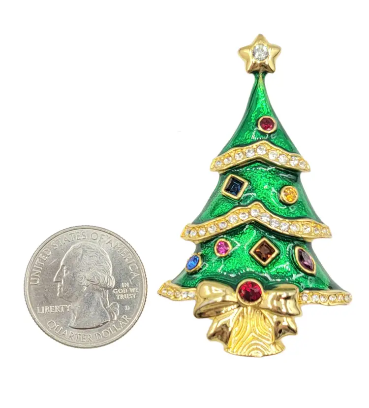 LIA Green Enamel Multi Color Rhinestone Christmas Tree Brooch Pin