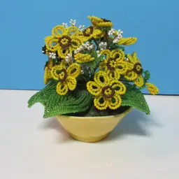 vintage yellow beaded flowers with leaves and bumble bee arrangement