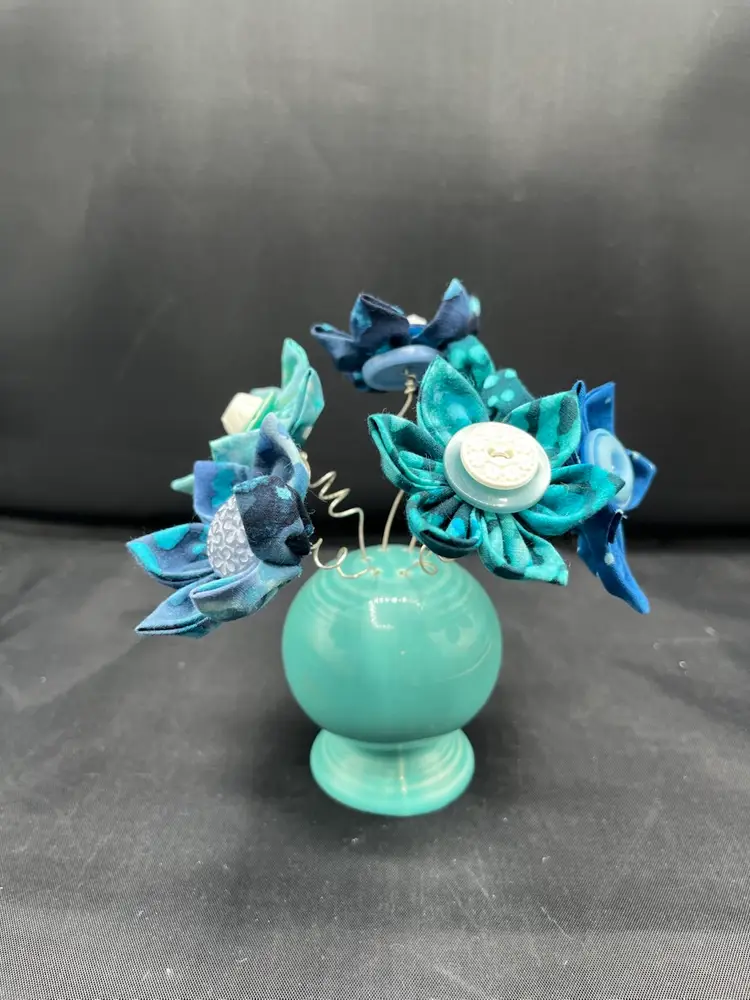 Made By Me Fabric And Vintage Button Flowers Turquoise And Blue In A Vintage Shaker 4” X 4 1/2”