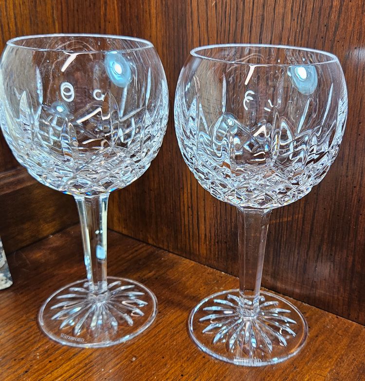 Pair of Heavy Waterford Crystal  Lismore Pattern Balloon Wine Glasses  7 5/8"
