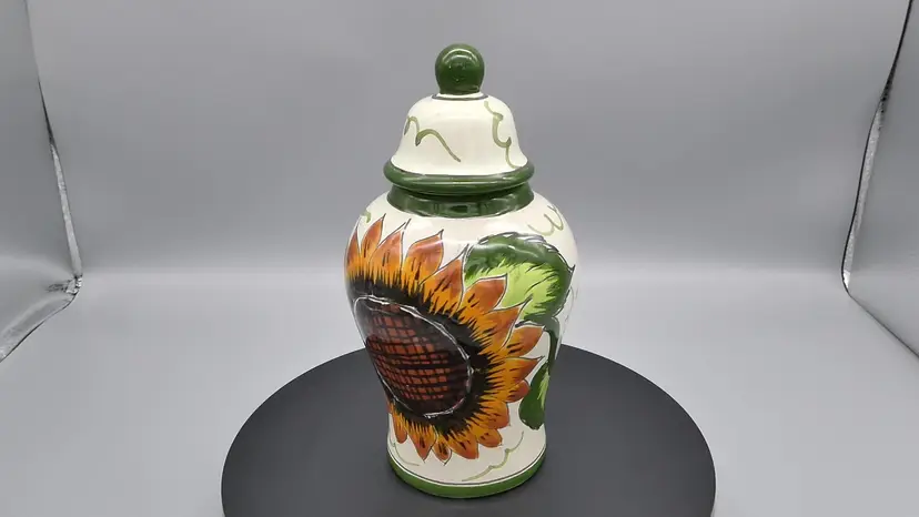 Talavera Mexico Sunflower Ginger Jar Lidded Urn Vase Orange Green Flower Folk Art Pottery 7"