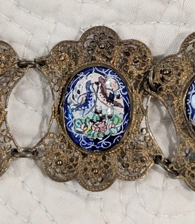 Antique Italian Filigree Bracelet in Sterling Silver with Gold Vermeil and Hand Painted Enamel Cabochons with  Birds in Blue and Burgundy