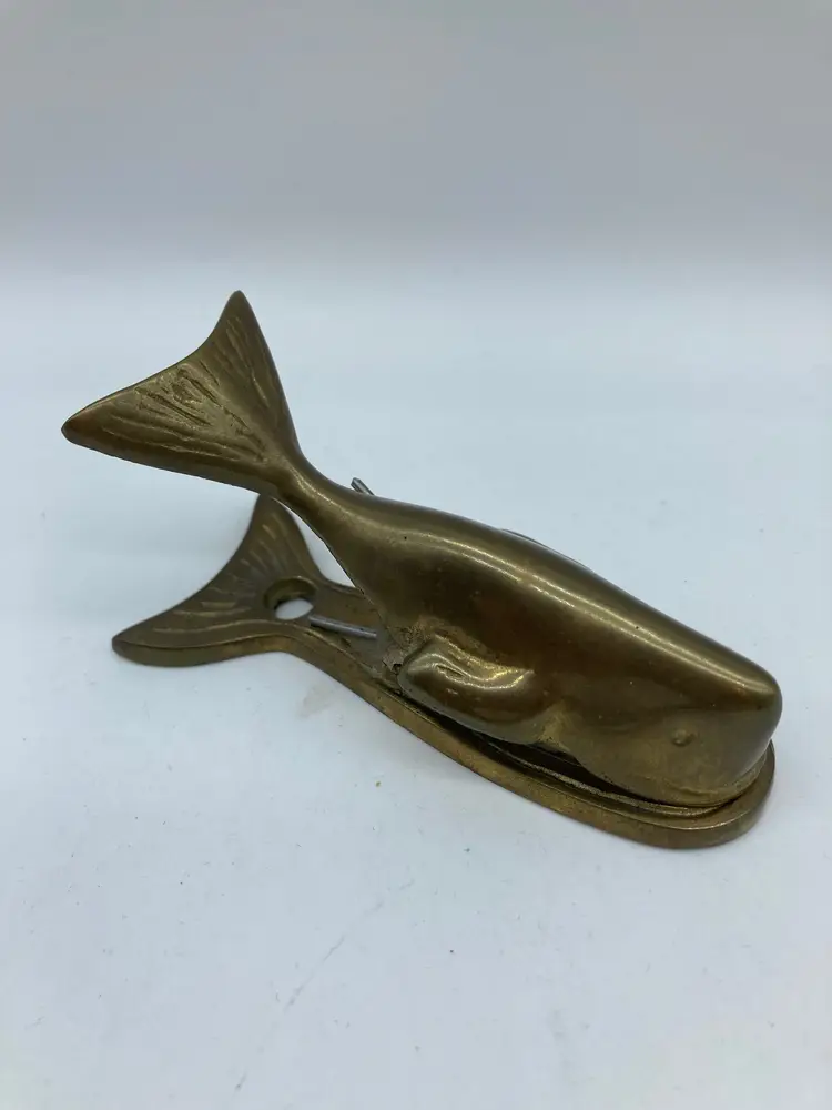 Vintage 4" Figural Brass Sperm Whale Paper Clamp Desk Wall Hanging Clip Holder
