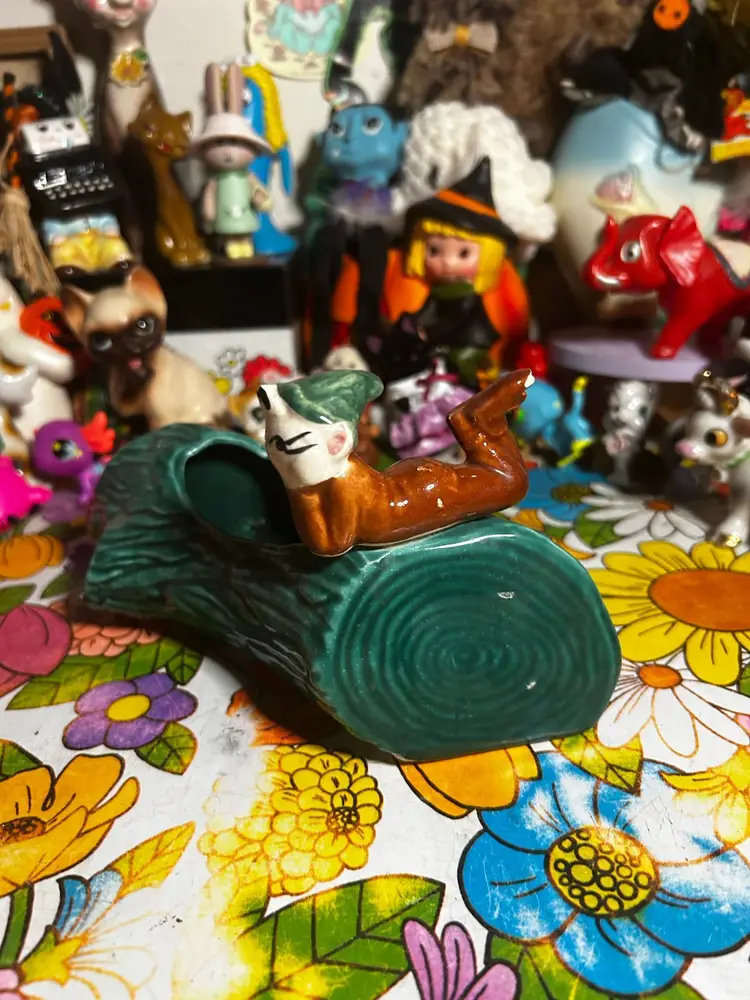 Vintage Cute Ceramic Log Planter with Pixie *Repaired*