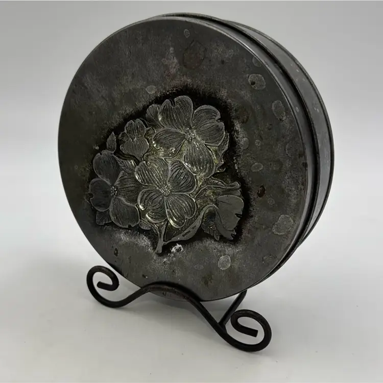 Vintage METZKE Pewter Dogwood Tin Signed on the flower 1977