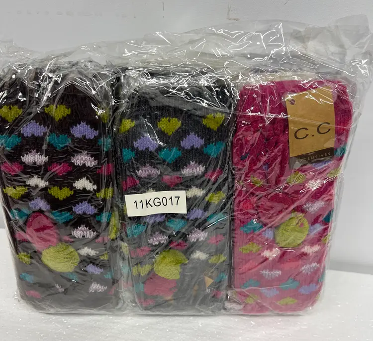 Women's Knit Fingerless Gloves w Hearts & Pom Poms 12pk NEW