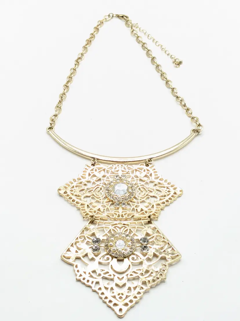 Gold Tone Filigree Bib Pendant Necklace Rhinestones