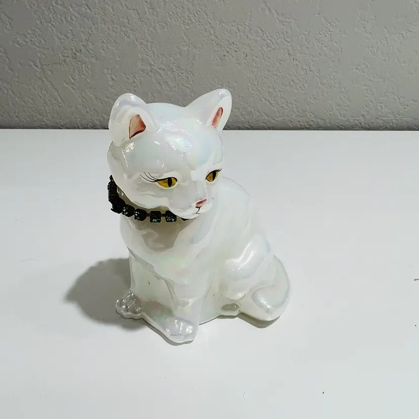 Fenton Cat Figurine May Birthstone Art Glass Iridescent White Signed by Artist