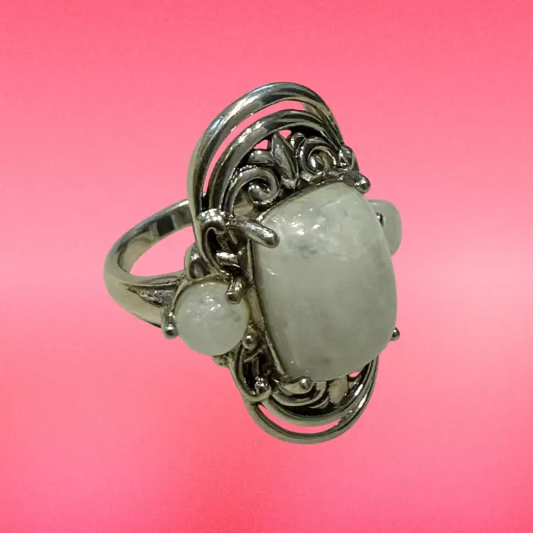 BBJ Signed Rhodium Over Sterling Silver Rectangular Cushion & Round Rainbow Moonstone 3-Stone Ring Size 8, 8.6g