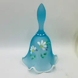 Fenton Blue Satin Glass Hand Painted Bell With Silver Crest