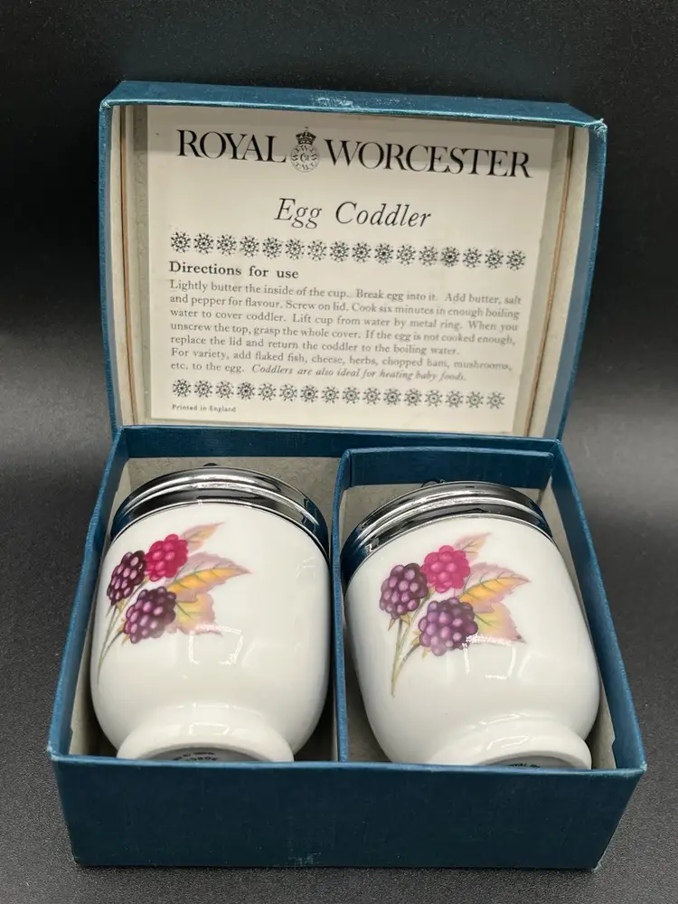 Pair Of Mini Royal Worcester “Evesham Gold King” Porcelain Egg Coddlers with Original Box 3”🥚