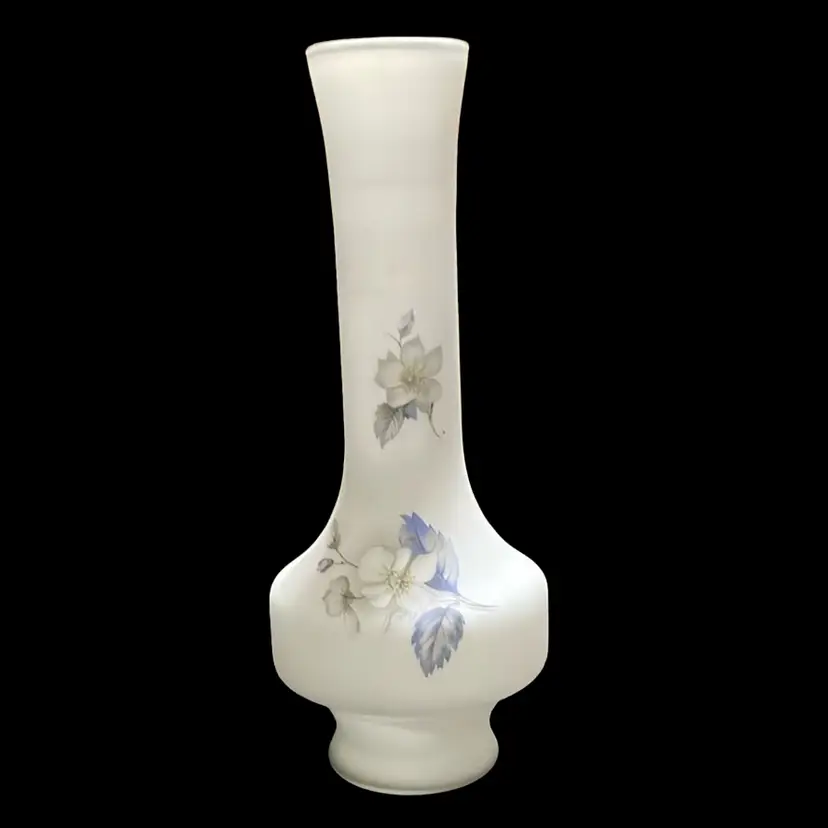 Vintage White Satin Glass VASE Tranquil Blue & Gray Flowers 9 5/8" Frosted 1960s