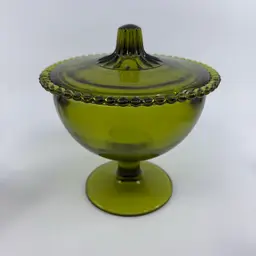 Indiana Glass Century Beaded Edge Green Lidded Candy Dish 6H 5.5Dia