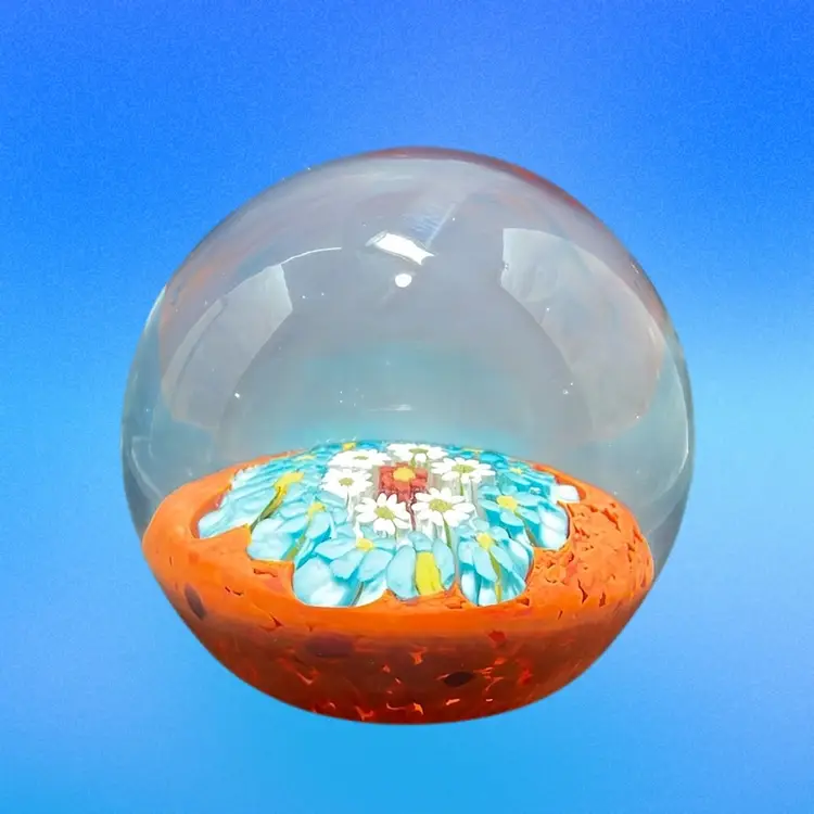 3” Murano Glass Orange And Tiffany Blue Color Millefiori Paperweight **READ**.                   OC2