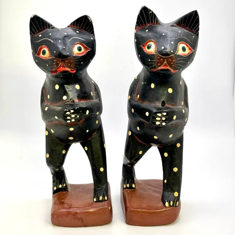 #01 Weirdo Pair Of Frog-Cat Wooden Figurine Creatures 7.5”*