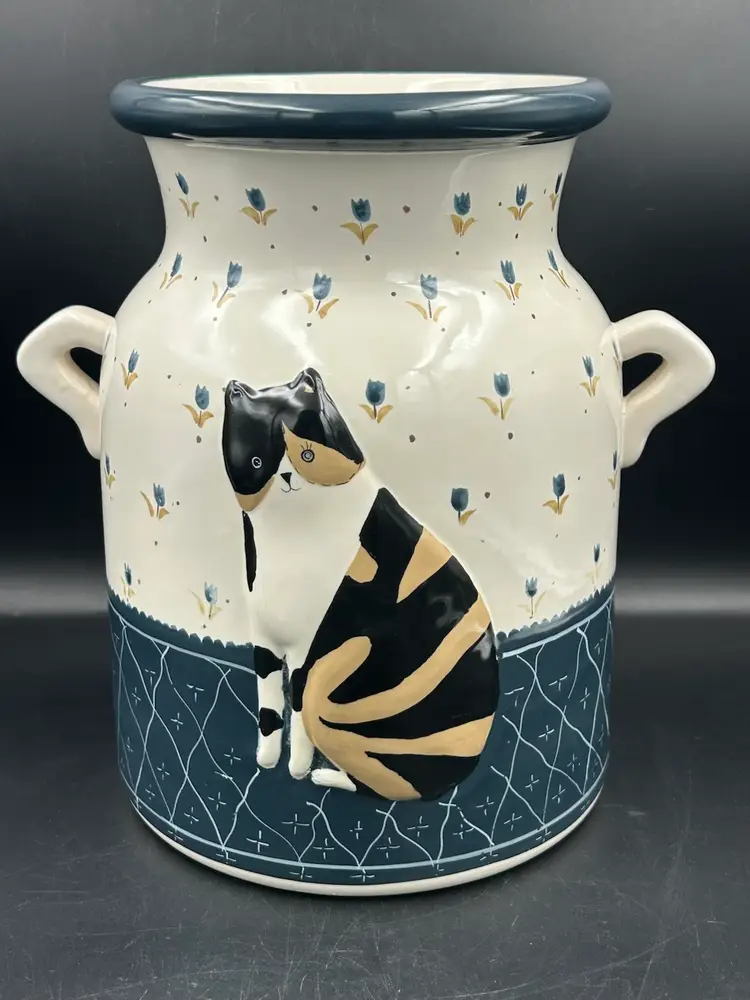 Vintage Warren Kimble  Waste Can/Jug Calico And Fat Tuxedo Cat With Tulips Bath/Kitchen Decor