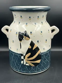 Vintage Warren Kimble Waste Can/Jug Calico And Fat Tuxedo Cat With Tulips Bath/Kitchen Decor