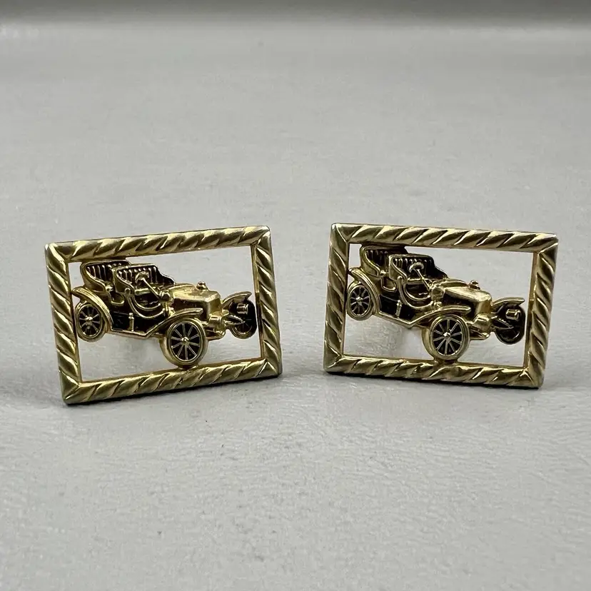 Vintage Cufflink Set 1920s Style Model T Antique Ford Automobile Old Car Rectangle 1"