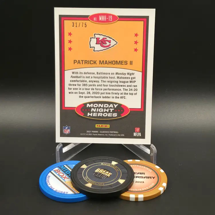 Patrick Mahomes 2021 Panini Classics Football Monday Night Heroes Insert Gold Parallel Numbered 31/75 Card #MNH-19 - Kansas City Chiefs