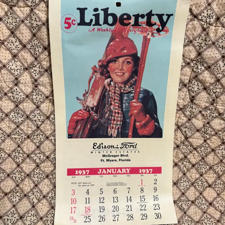 #11- 1991 Replica Of Liberty Edison Ford Advertising Calendar Of 1937. Ft. Meyers, Florida Great Art