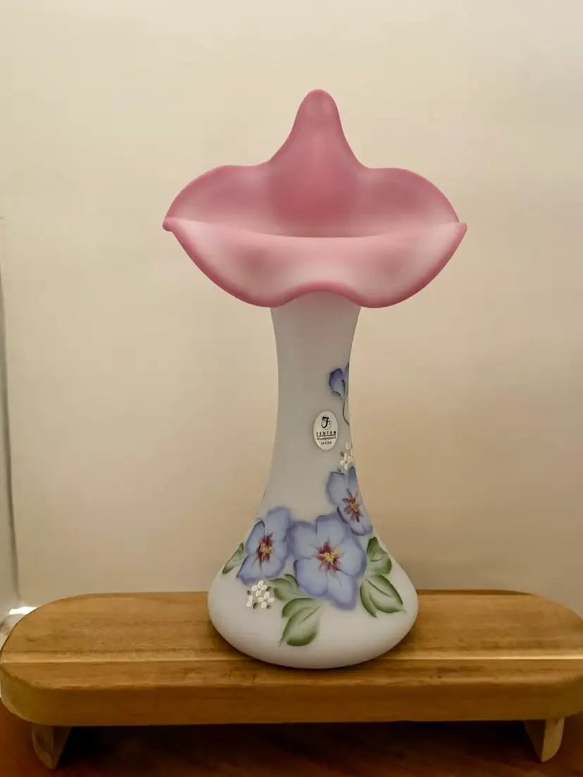 Fenton Hand Painted Blue Burmese Satin Glass Tulip Vase