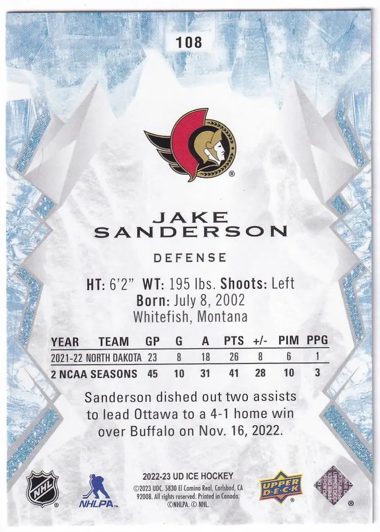 2022-23 Upper Deck Ice Green #108 Jake Sanderson Ottawa Senators Hockey Card
