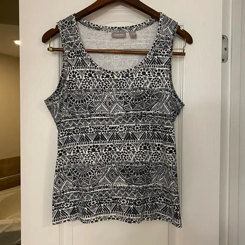 Chico’s Womens Tank Top Size 2 Bust 42” Boho Print Black & White
