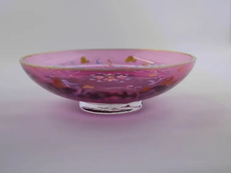 Czech Hand-Painted Cranberry Glass Dish