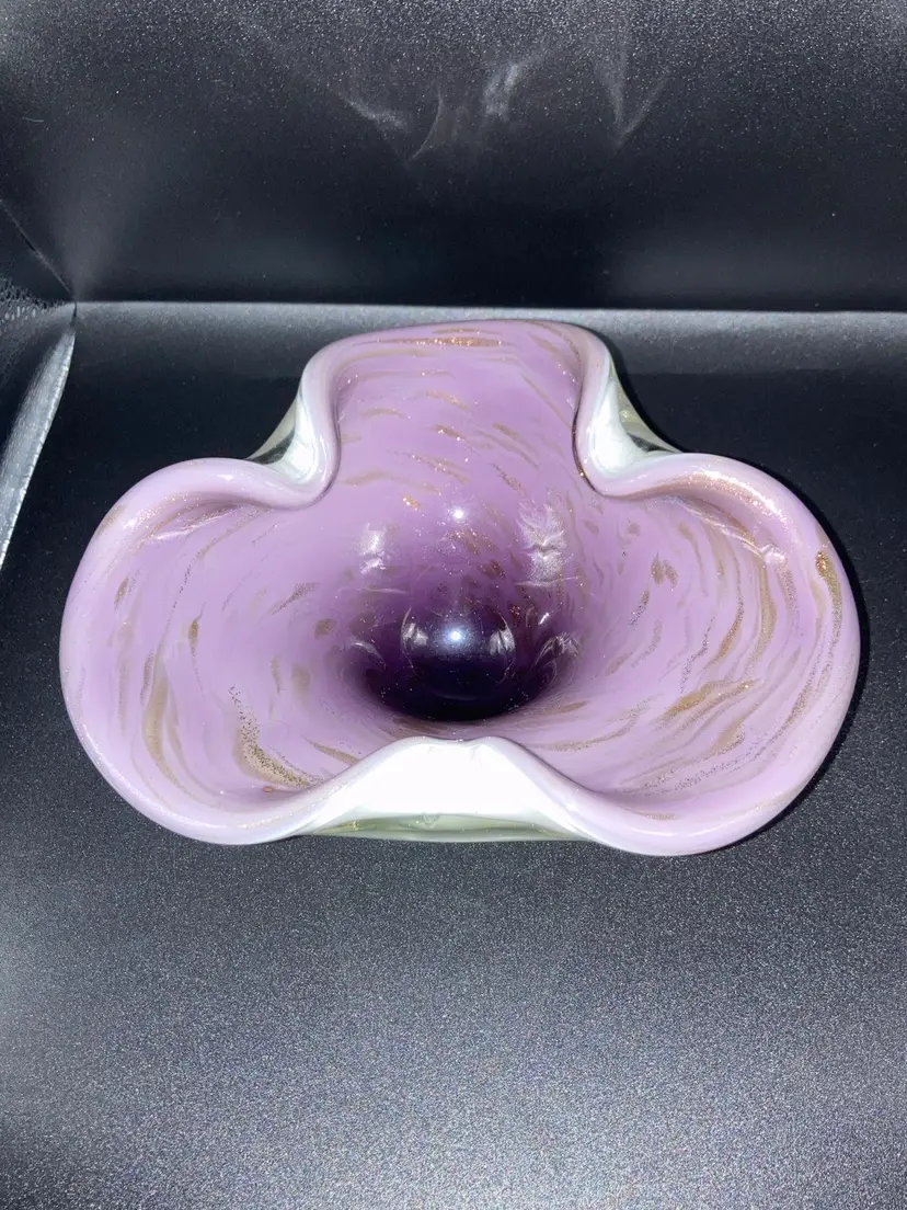 Italian Murano Sparkling Gold Flecks Glass Dish! UV Reactive! 3” Tall 6 1/2” Wide.  No Condition Issues.