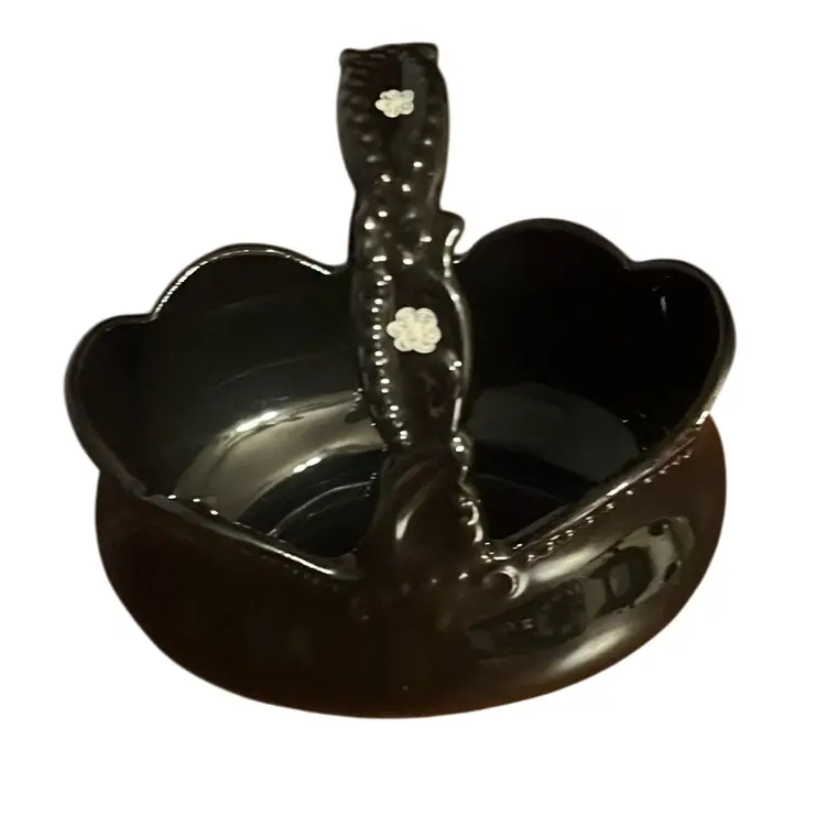 Vintage Payot Of Paris Black Porcelain Basket Vase Floral  Cottage Stye