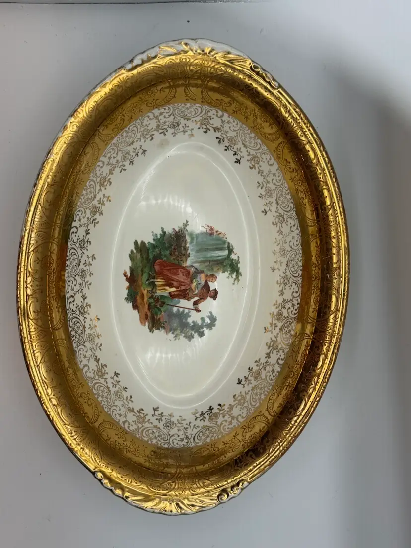 Vintage China Oval Serving Bowl 22k Gold Trim/Accents Pastoral Scene Nautilus Made In The USA 10.5”x7.5”