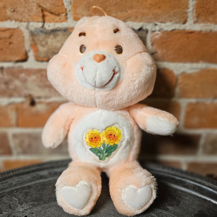 Vintage 1983 Care Bears Friend Bear Plush Kenner Original Peach Bear with Sunflower Belly Badge