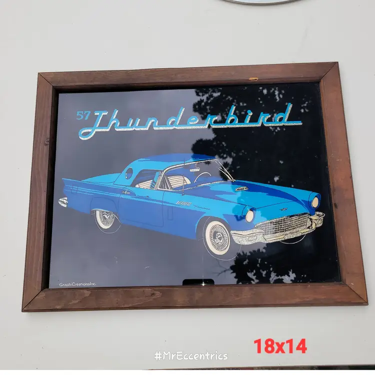 Vtg 1957 thunderbird reverse painted glass wall art 1970s carnival prize mirror
