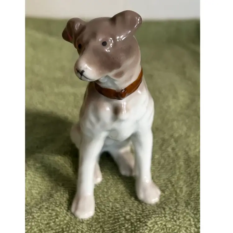  Vintage, Gray & White Dog Ceramic Figurine Marked Japan