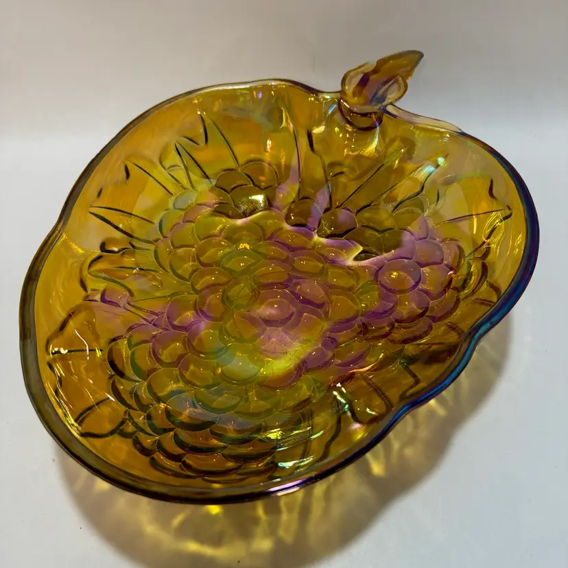 Vintage Indiana Glass Fruit Bowl Amber Iridescent Carnival Glass Harvest Grape Pattern 3.25” Tall