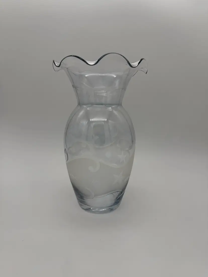 LENOX Original Tropical Beach Style Glass Vase Signed Etched Frosted Design 9”