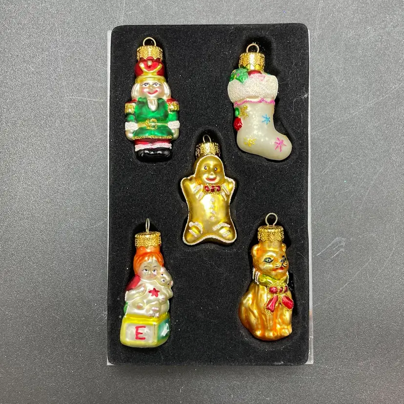 Miniature Set of 5 Hand Painted Glass Hanging Christmas Ornaments in Package
